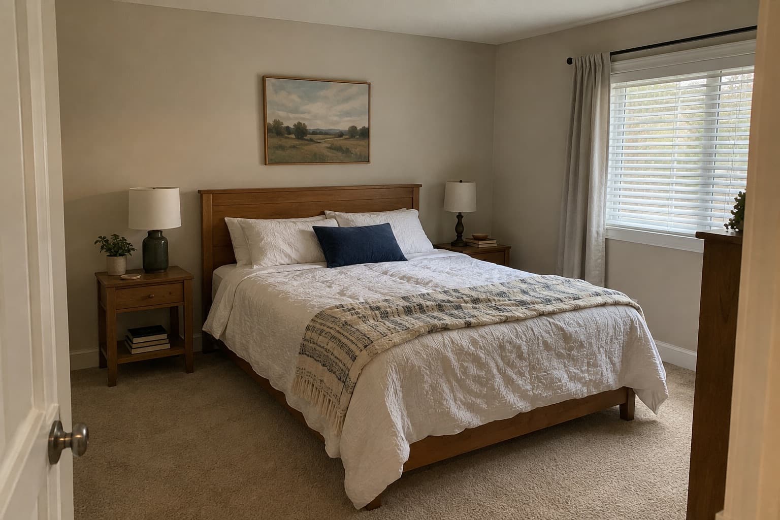 Bedroom with freshly painted greige walls and white trim