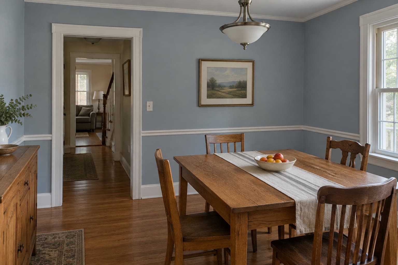 Dining room painted soft blue with white chair rail and trim
