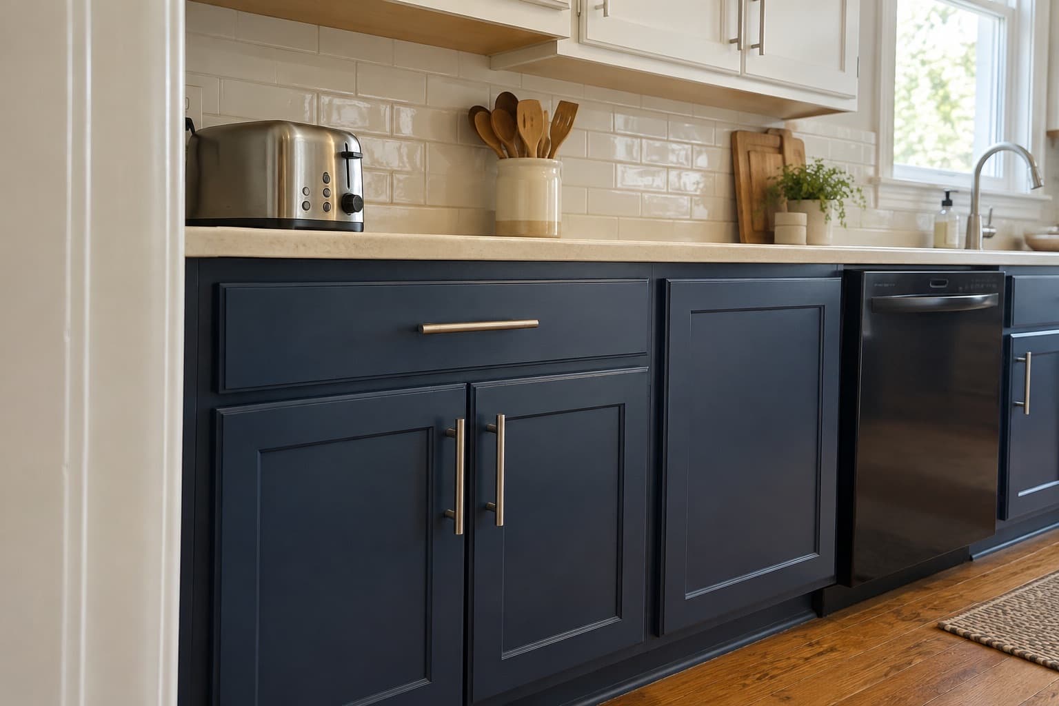 Lower kitchen cabinets painted navy blue under cream upper cabinets