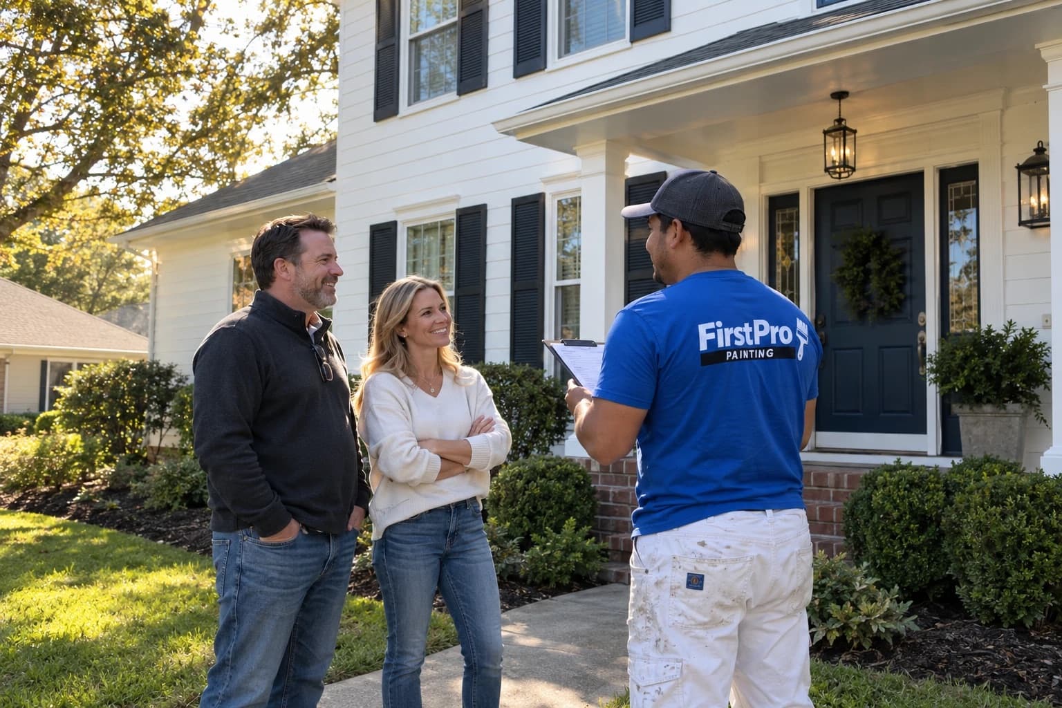 FirstPro estimator with a clipboard talking with homeowners in front of their home