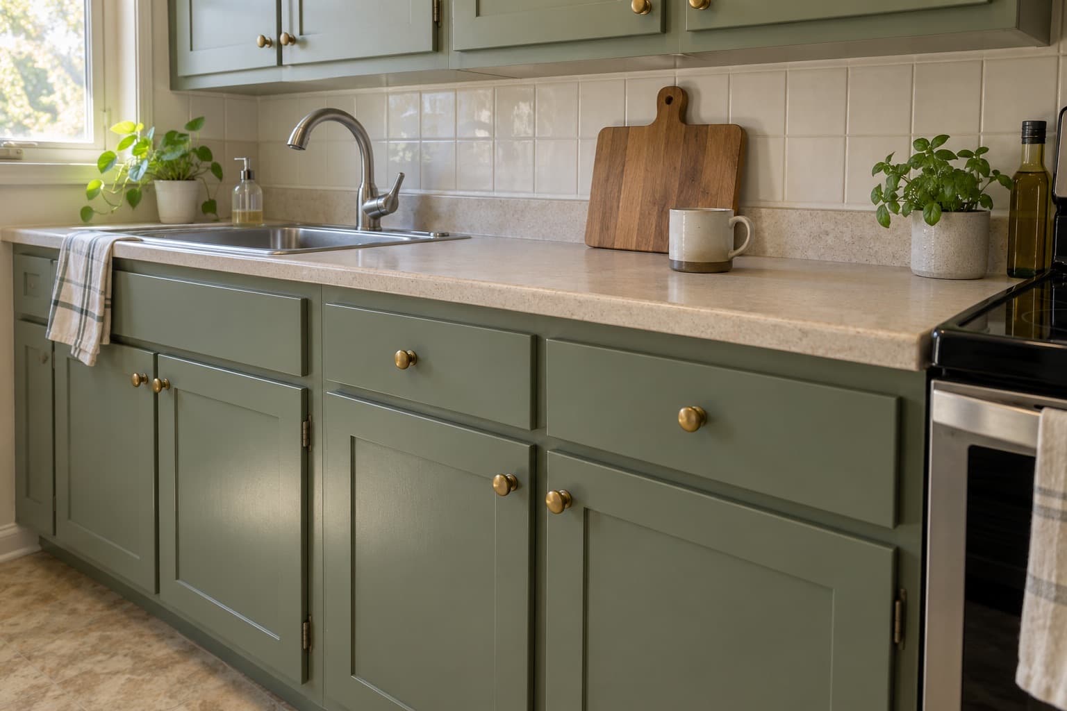 Shaker kitchen cabinets painted sage green with brass knobs