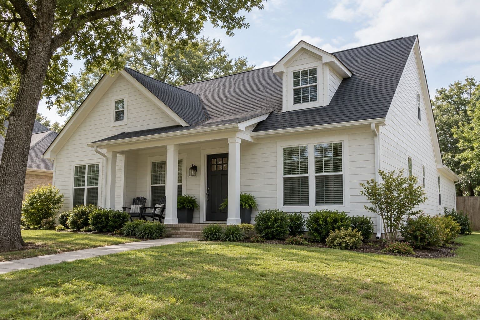 Cream lap-siding home with white trim and a black front door