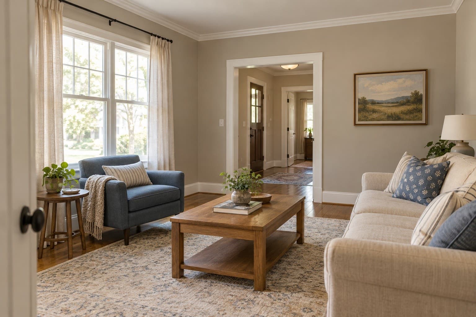 Living room with soft greige walls, white trim and crown molding