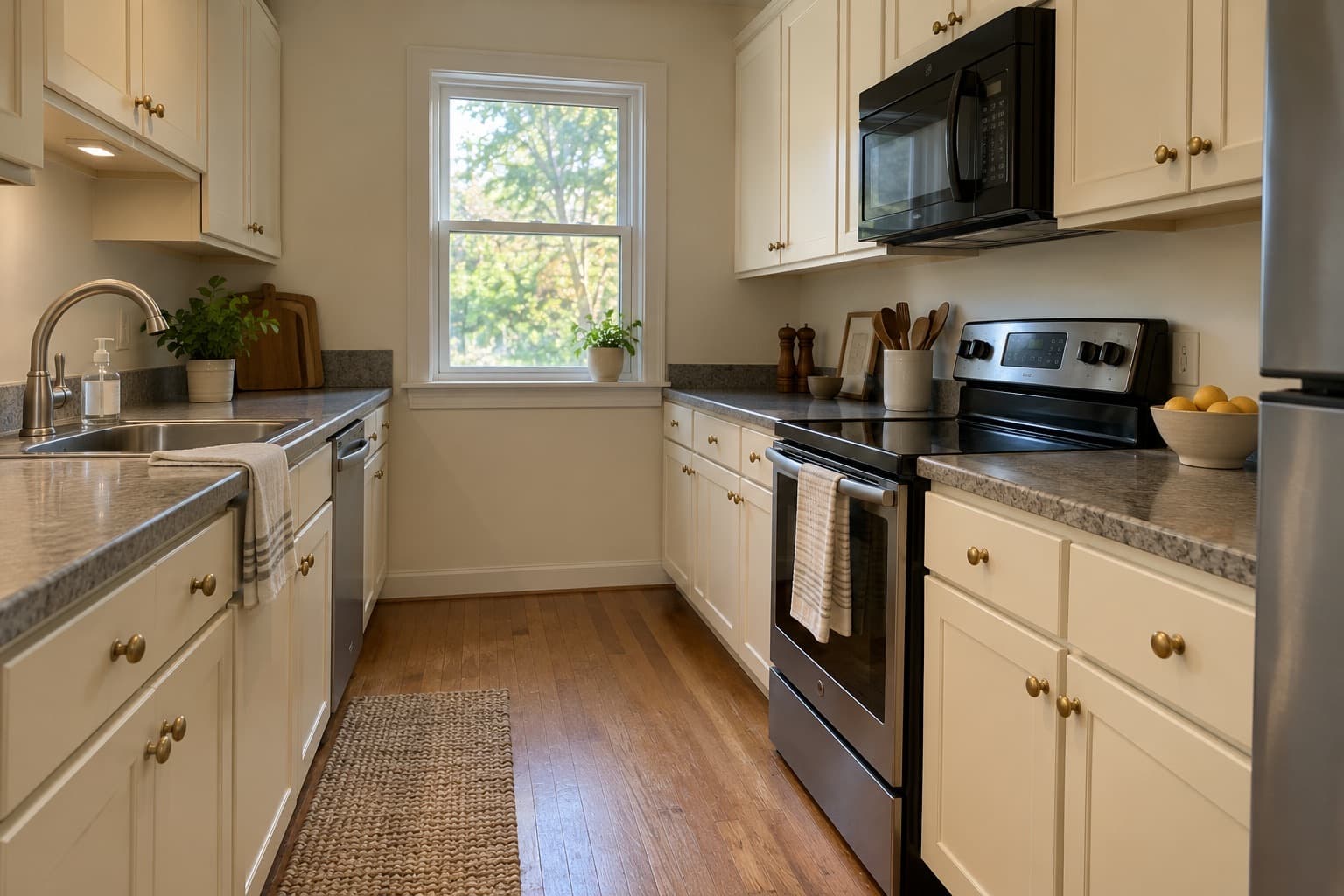 Galley kitchen with cream painted shaker cabinets and brass knobs