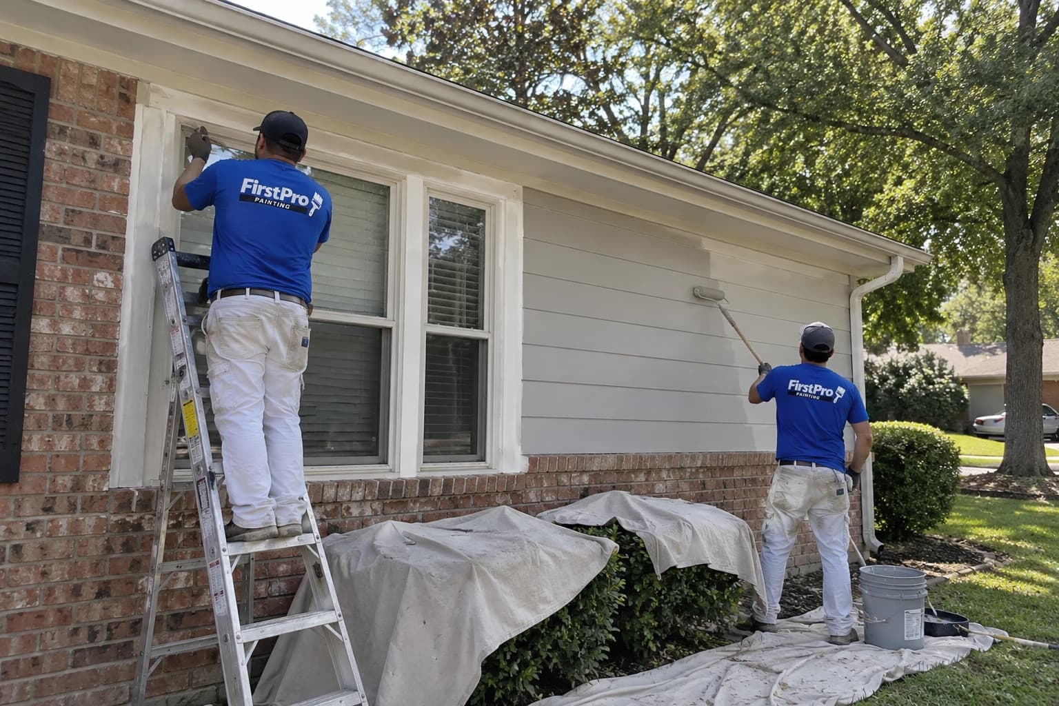 Two FirstPro painters painting the trim and siding of a brick ranch house
