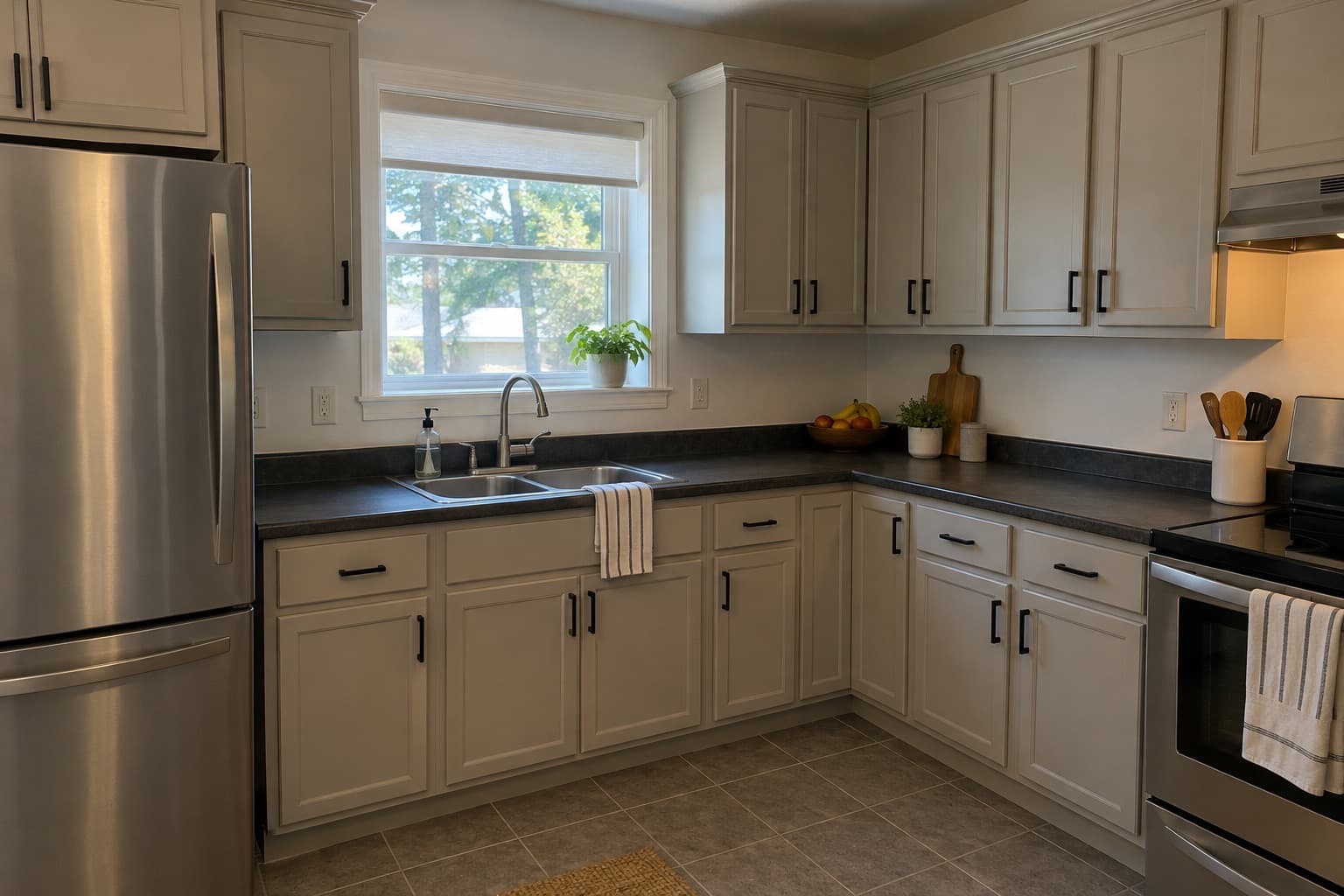Kitchen with cabinets painted light greige and matte black pulls