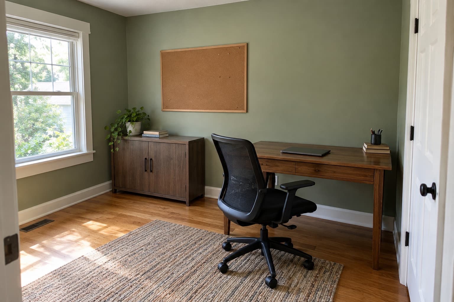 Home office with freshly painted sage green walls