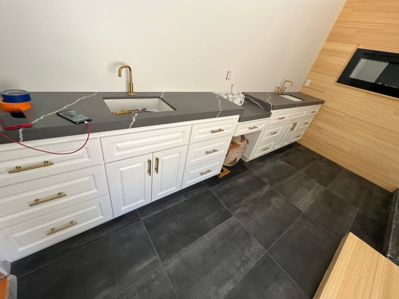 Bathroom vanity cabinets freshly painted white