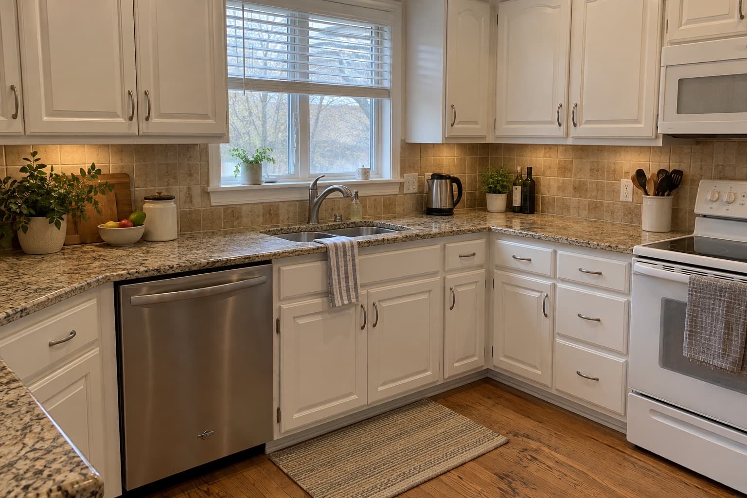 Kitchen with raised-panel cabinets painted white and granite countertops